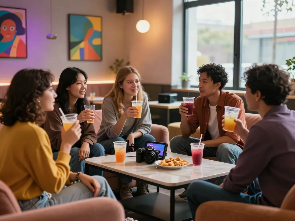 Friends enjoying drinks and conversation about rokok88 link in a cozy lounge.