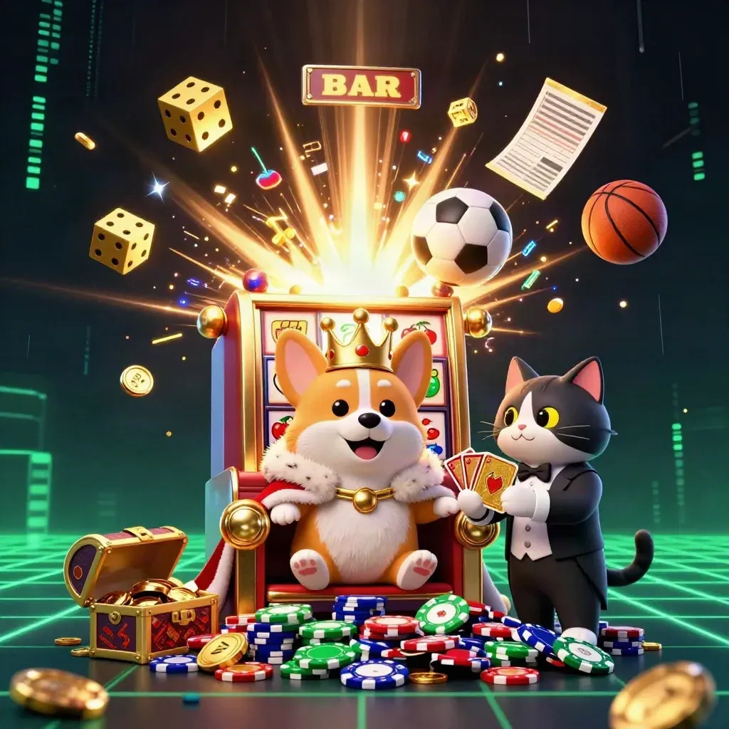 Corgi reale e gatto maggiordomo tra slot, dadi e palloni, in un’esplosione neon dorata
