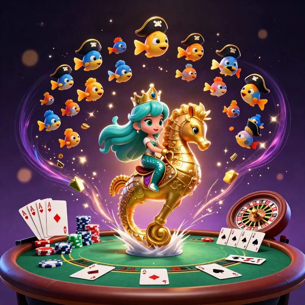 Principessa sirena su ippocampo dorato, carte e fiches in una scena casinò neon.