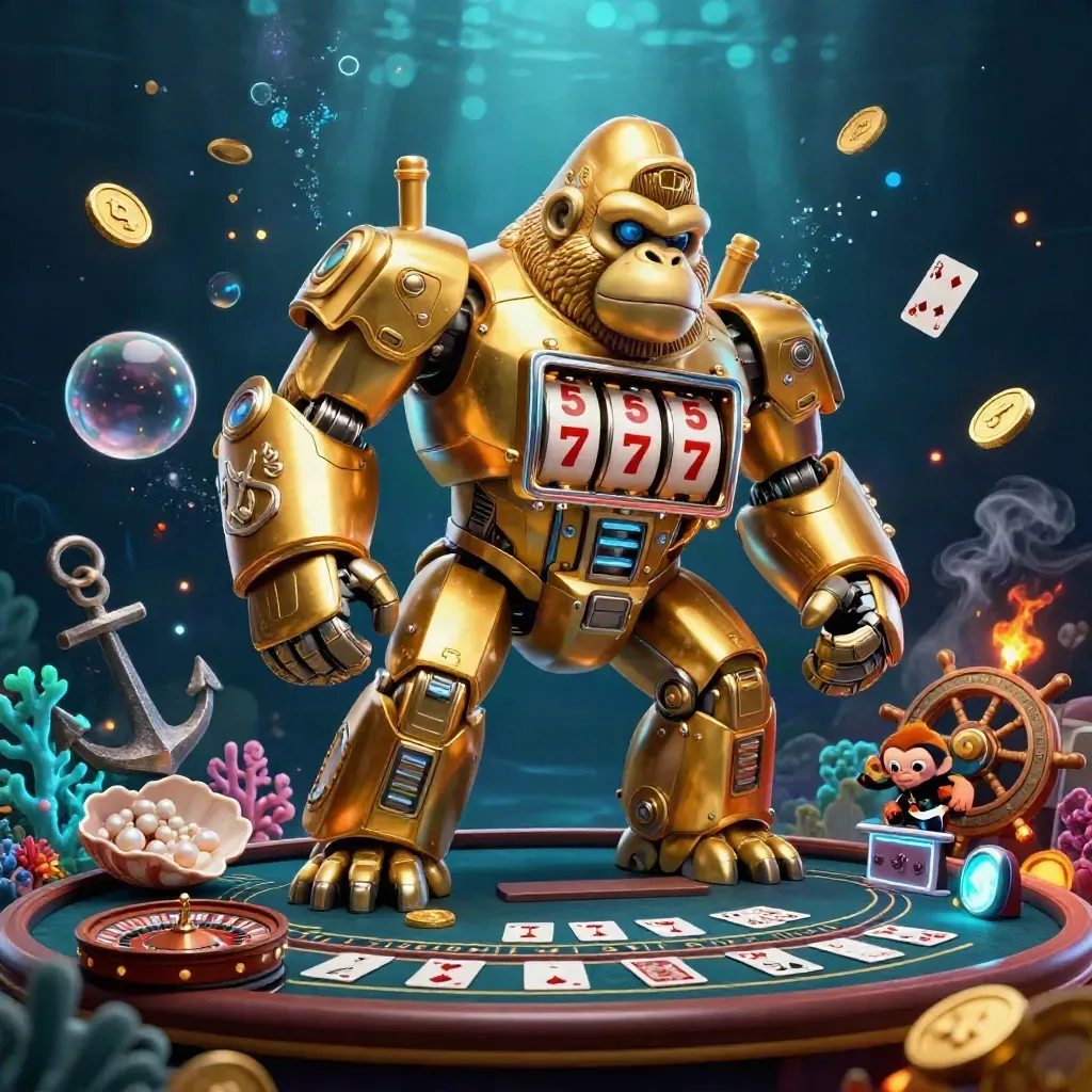 Gorilla mecha dorato con pilota scimmia in una grotta sottomarina da casinò, tra monete e coralli.