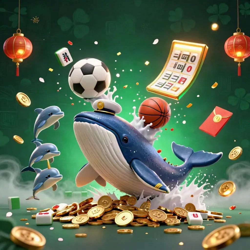 Balena capitana, narvalo e delfini tra monete, lanterne e scintille in stile casino lusso.
