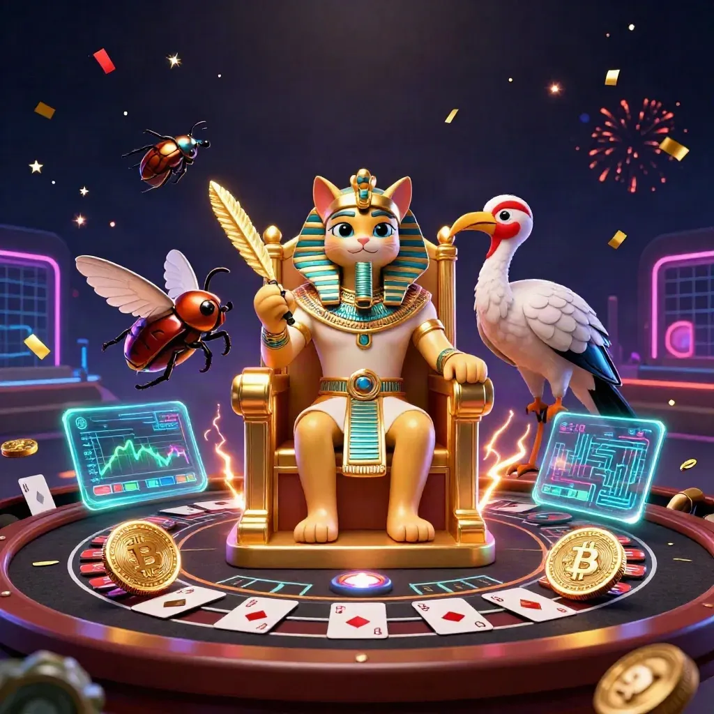 Gatto faraone, ibis e scarabei in un casinò neon con monete crypto e luci scenografiche.