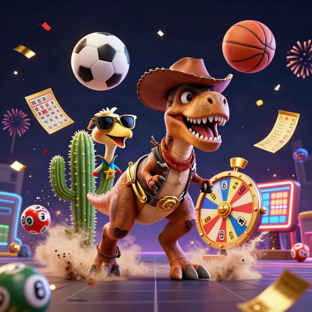 T-Rex cowboy, cactus e roadrunner tra palloni, jackpot e scintille neon.