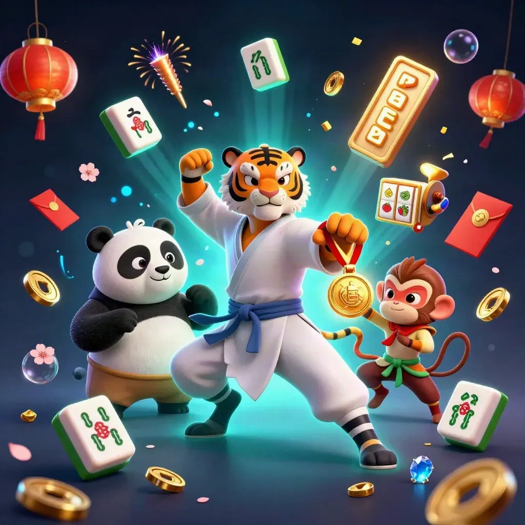 Tigre kung-fu, panda e scimmia tra lanterne, monete di giada e bagliori ciano.