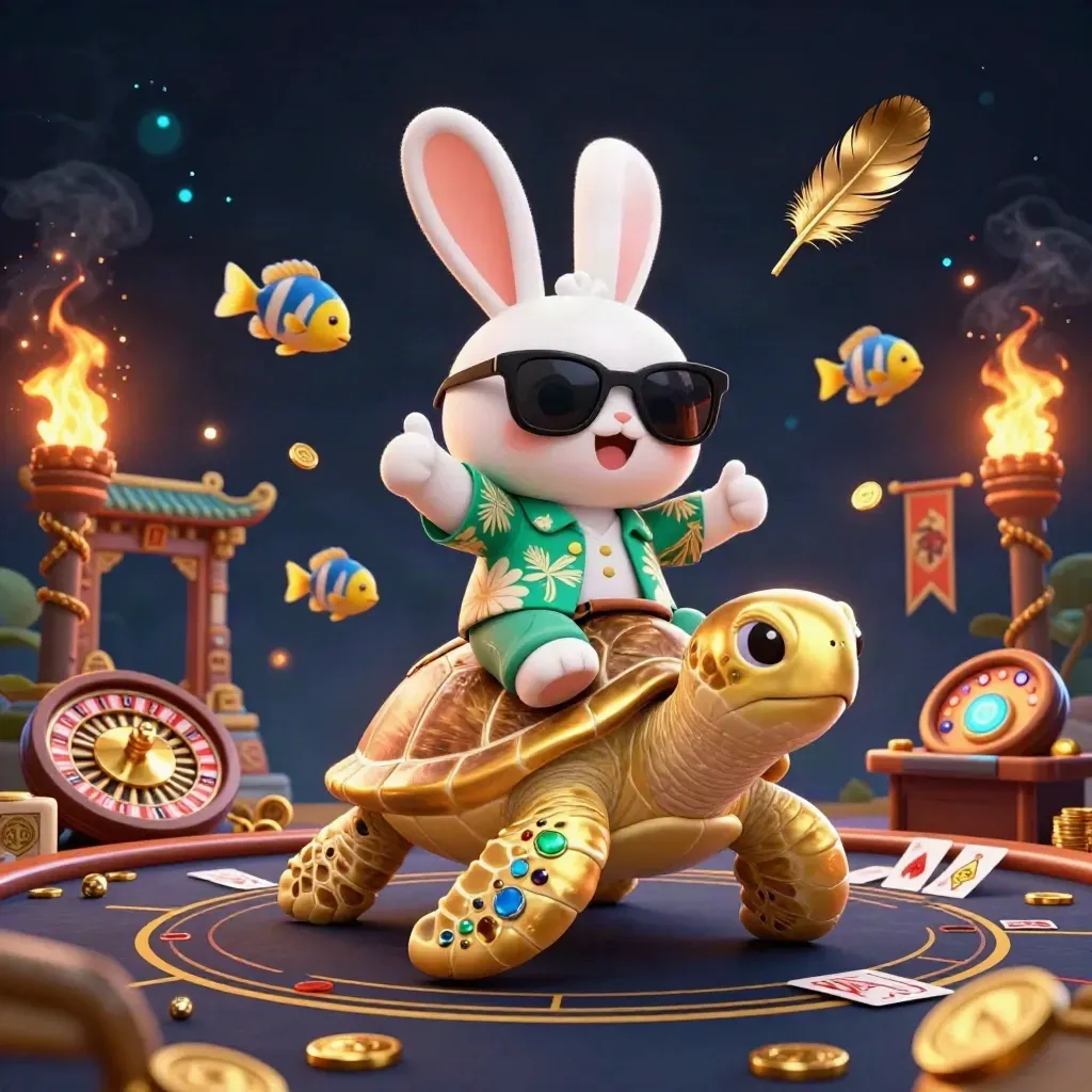 Coniglio 3D su tartaruga d’oro tra luci neon, fiches e atmosfera da casinò live