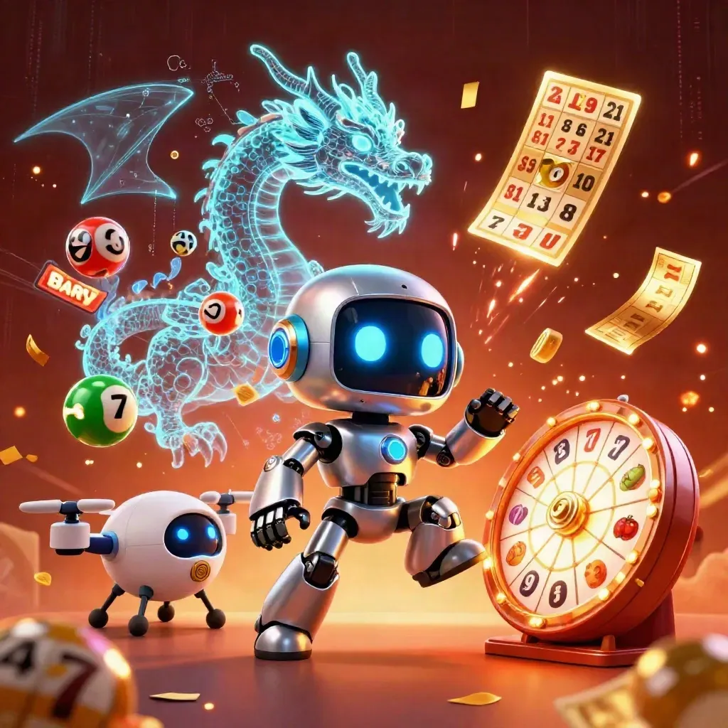 Robot cyberpunk, drago olografico e drone tra gettoni, luci neon e scintille.