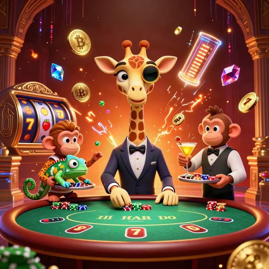 Giraffa elegante, scimmia e camaleonte in un casinò tempio tra monete, gemme ed energia neon
