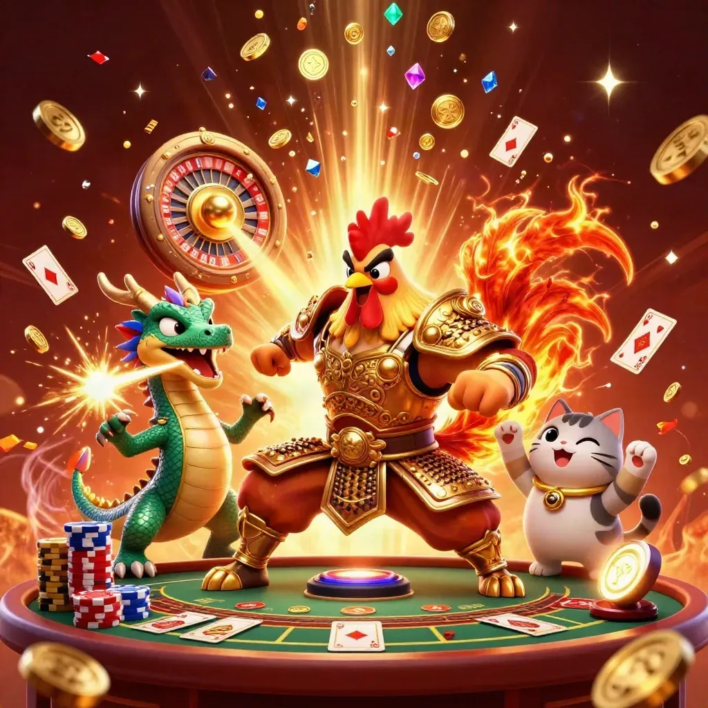 Gallo samurai, drago e gatto fortunato tra monete d’oro, carte e fuochi d’artificio.