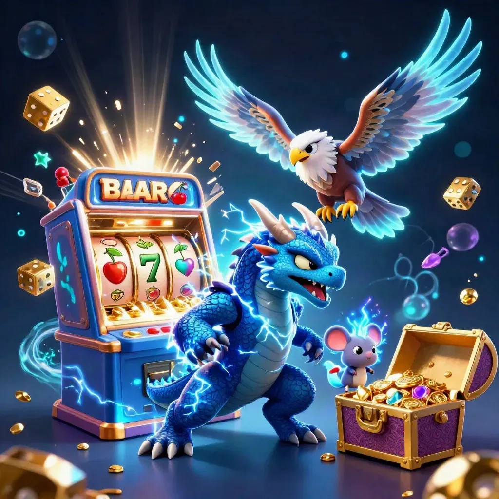Drago elettrico, falco e topo tra jackpot, dadi e tesoro in stile casino neon.