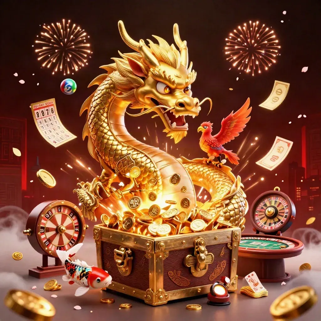 Drago dorato con fenice e carpe koi, monete, ruota e carte in atmosfera casino