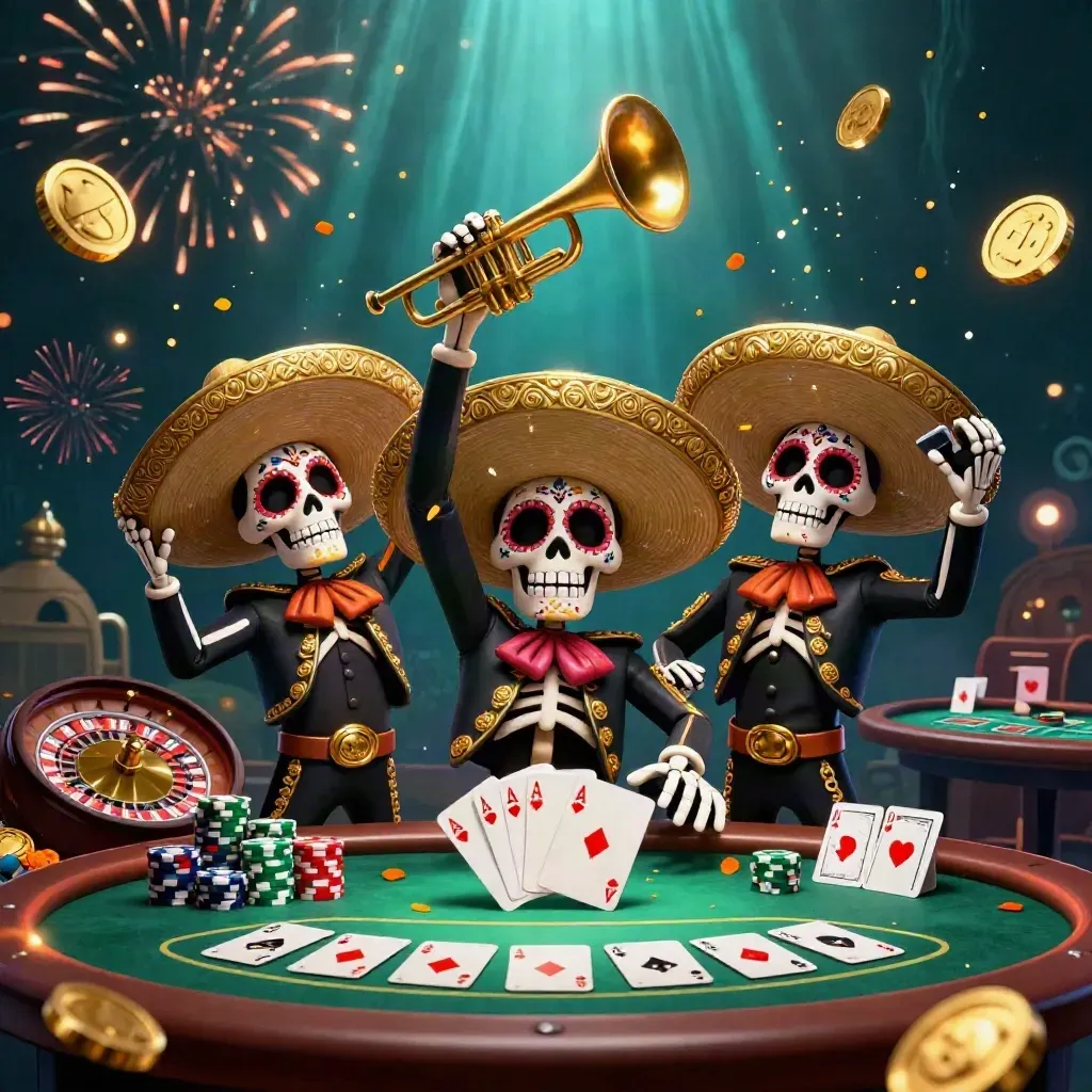 Trio mariachi scheletrico tra monete d’oro, carte e luci da casinò in stile 3D.