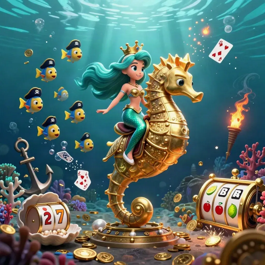 Sirena con cavalluccio marino dorato tra pesci pirata, coralli e monete nel blu profondo.