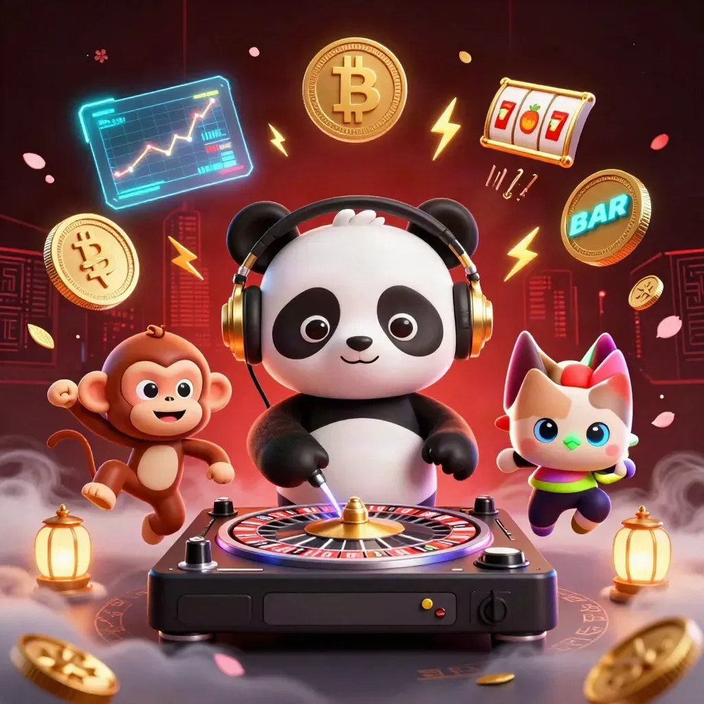 Panda DJ, scimmia danzante e gattino glow-stick tra monete crypto e luci neon.