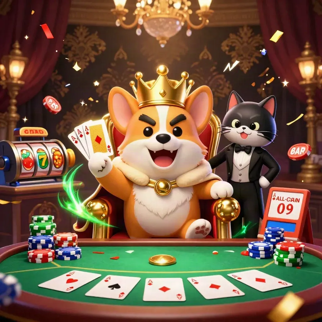 Corgi reale con corona e gatto maggiordomo tra fiches, carte e luci da casinò.