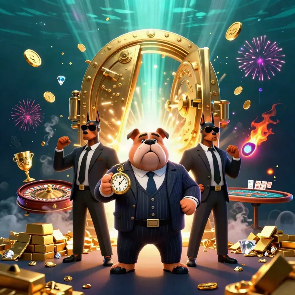 Bulldog mafioso 3D e due doberman tra cassaforte esplosa, roulette e tesori luccicanti.