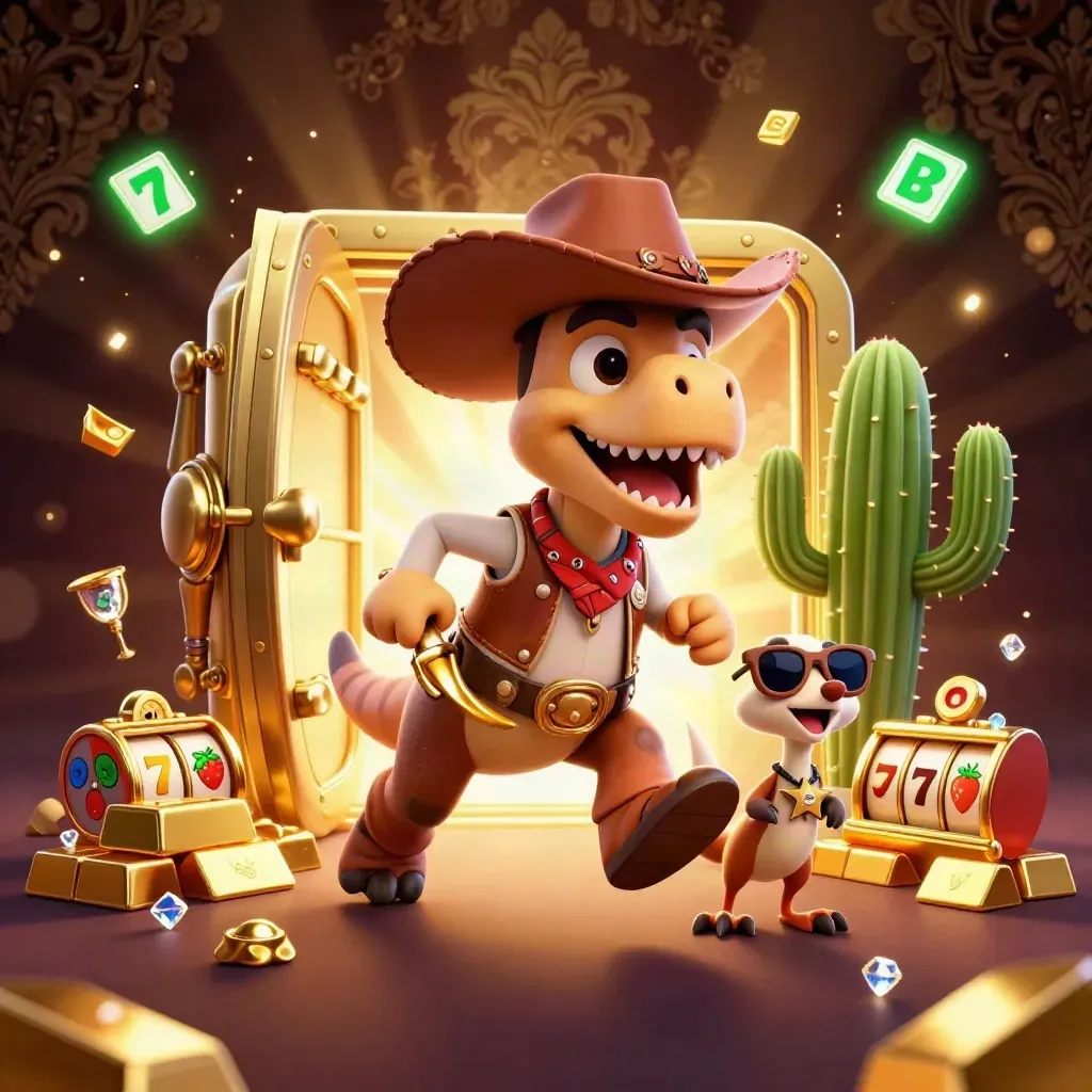 Cowboy T-Rex, cactus e roadrunner tra barili d’oro e un caveau luminoso verde.