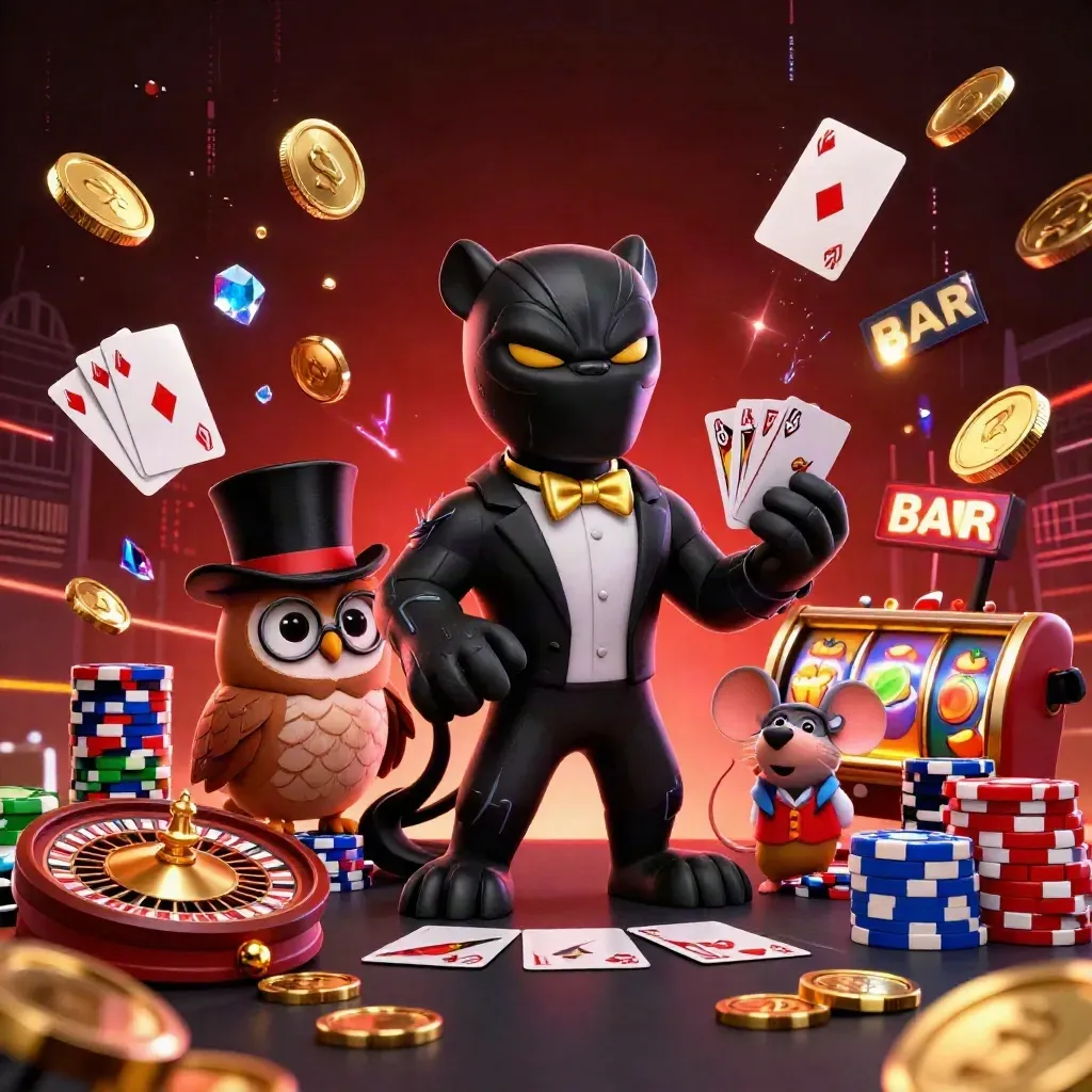 Pantera tuxedo, gufo con chips e topo tra monete, ruota e slot scintillanti.